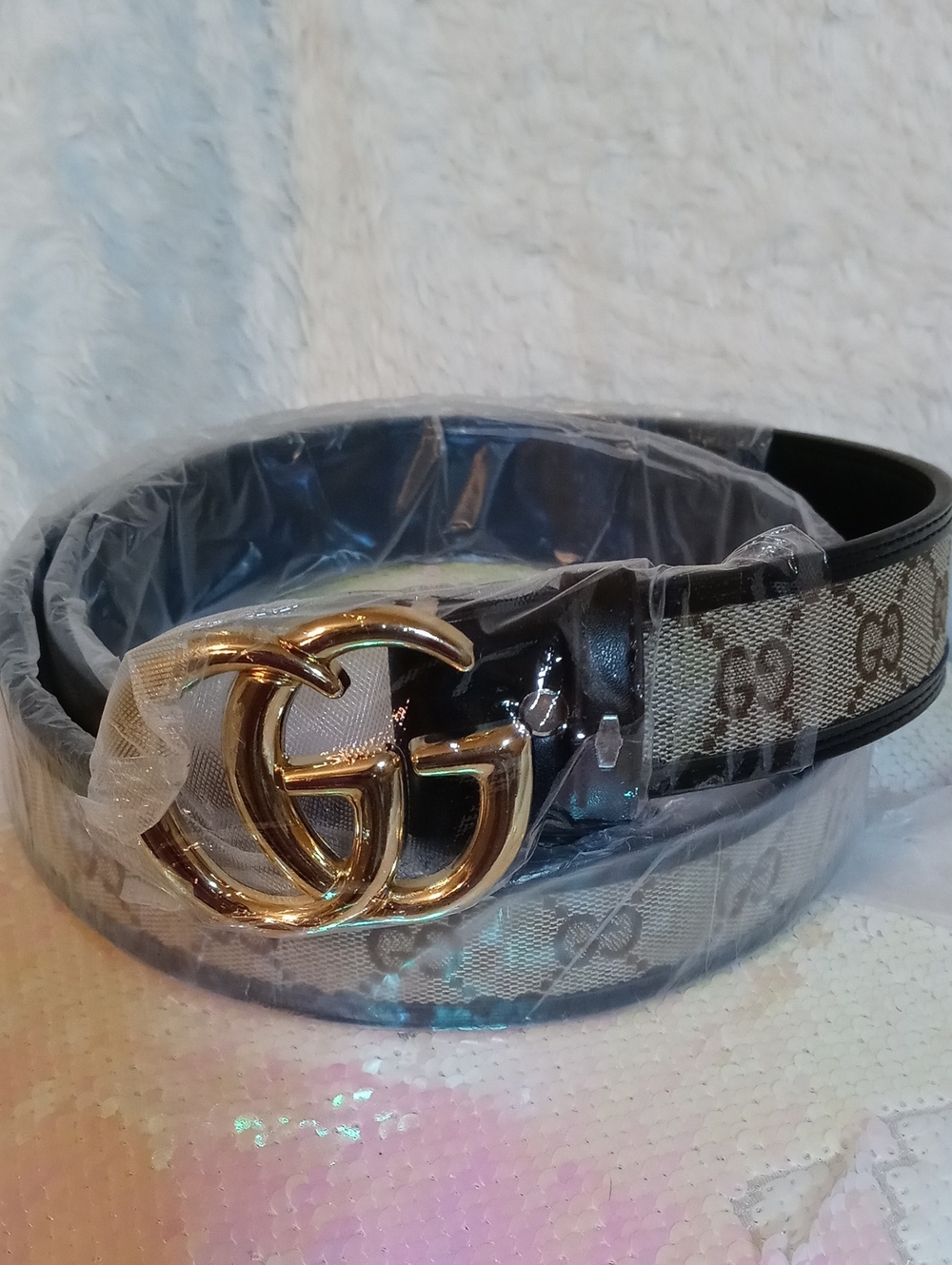 Designer Inspired Monogram Canvas Belt - Beige/Black